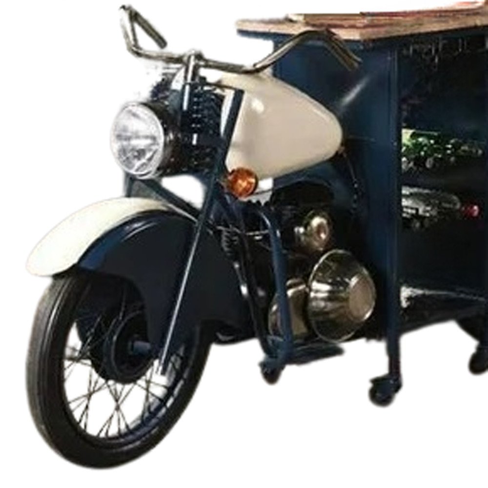 Blue and White Metal And Solid Wood Rolling Bar Cart With Wine Storage on a white background
