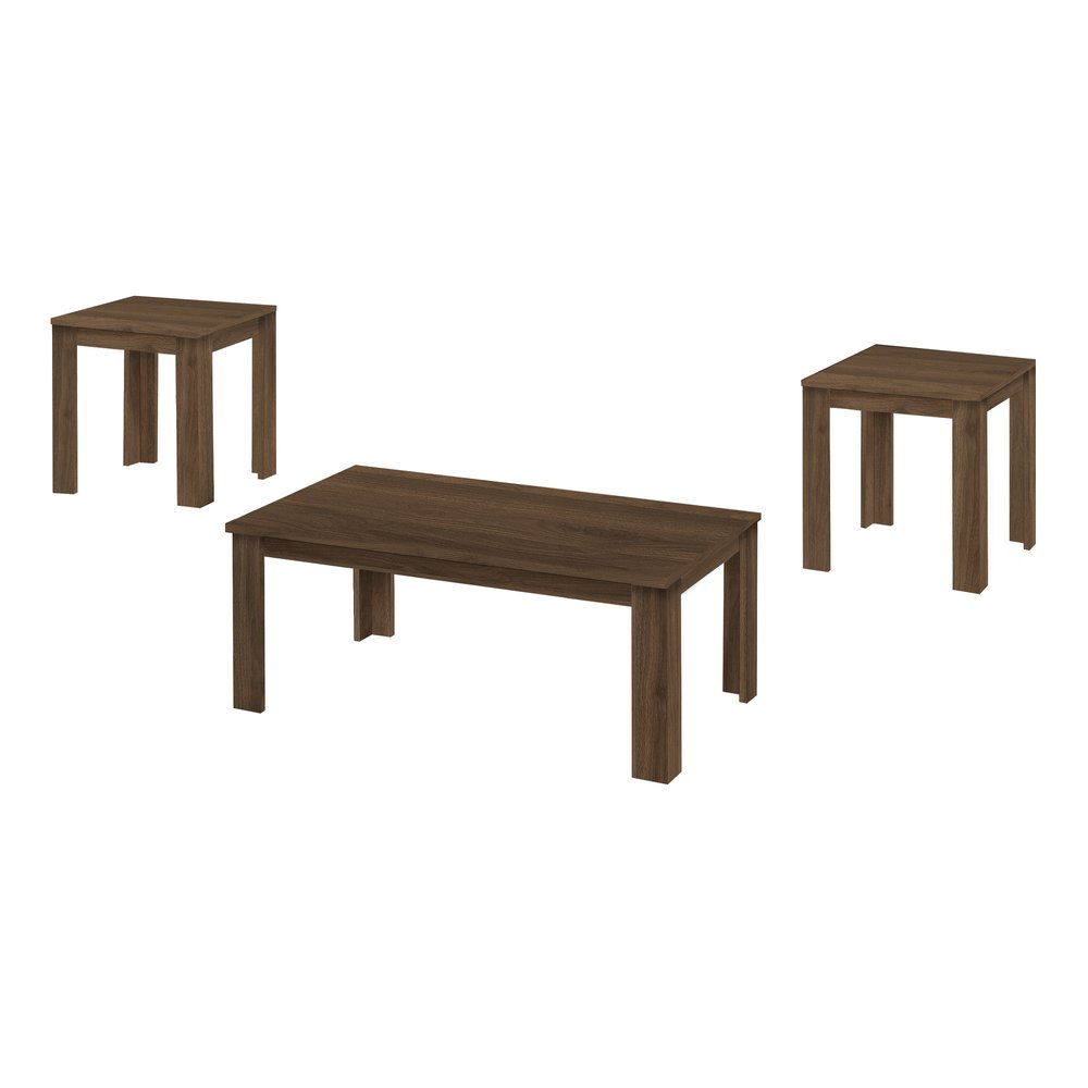 Set of three dark brown wooden tables, including one coffee table and two end tables, on a white background.