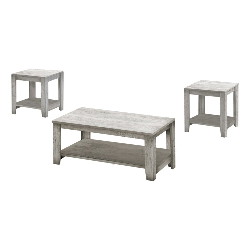A set of three gray wooden tables, including a rectangular coffee table and two square end tables, against a white background.