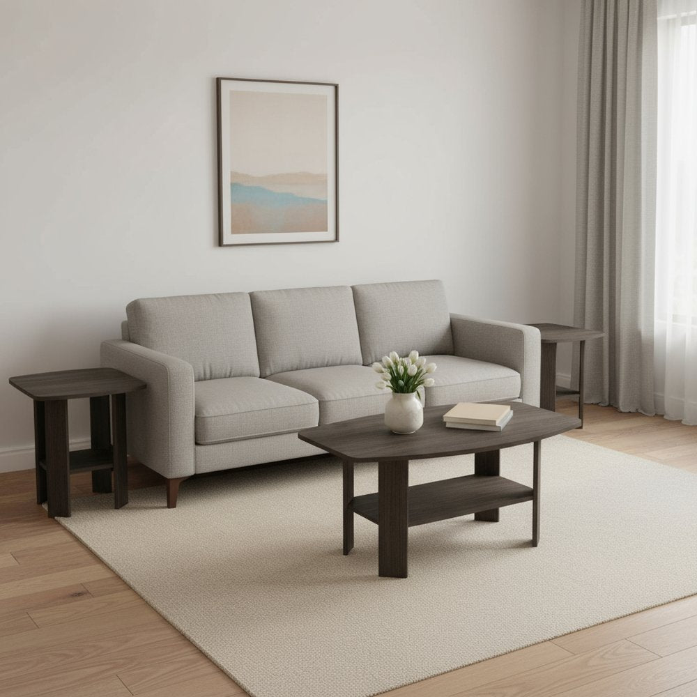 Set of Three 36" Oak Coffee Table With Three Shelves in a home interior