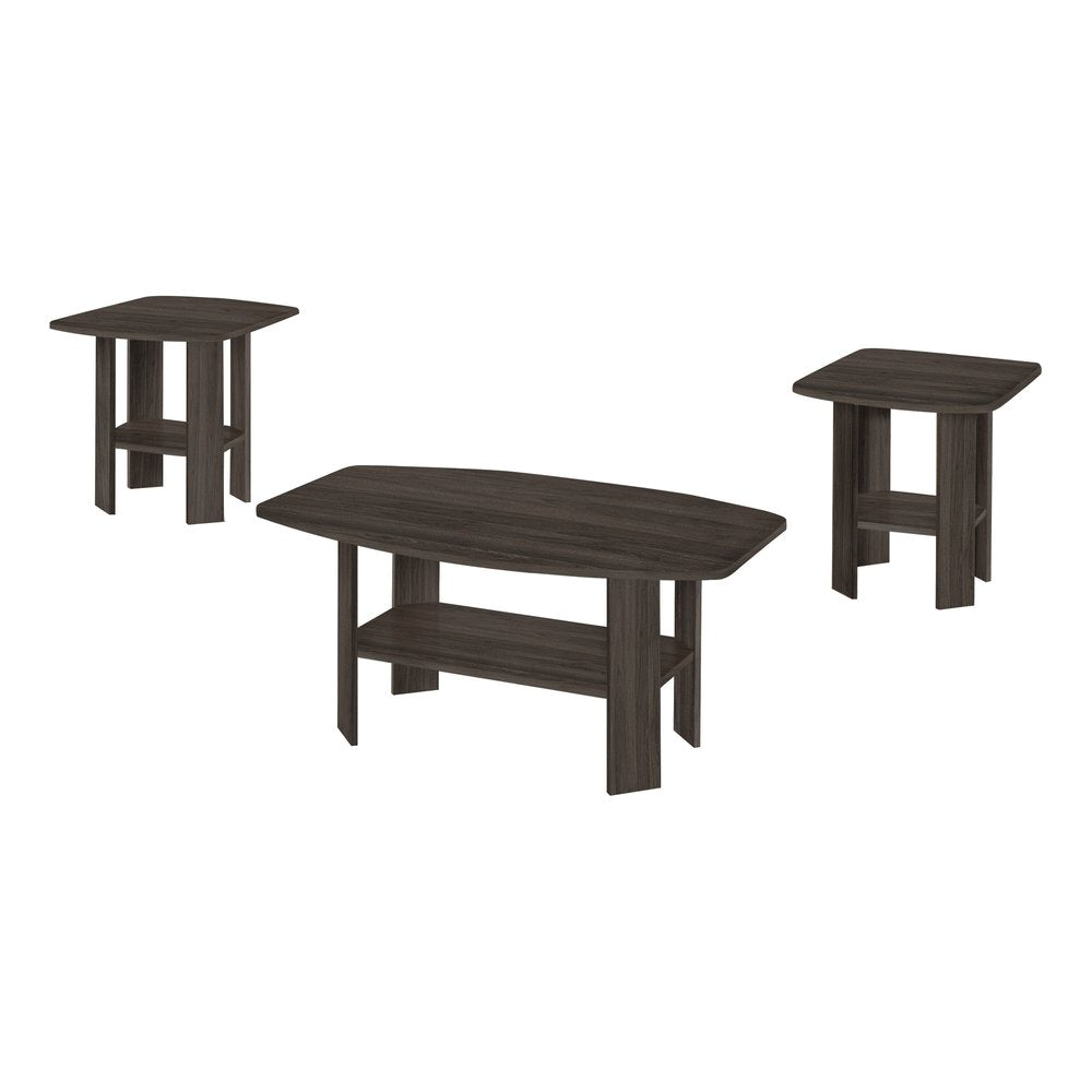Dark oak finish coffee table and two end tables with shelves on a white background.