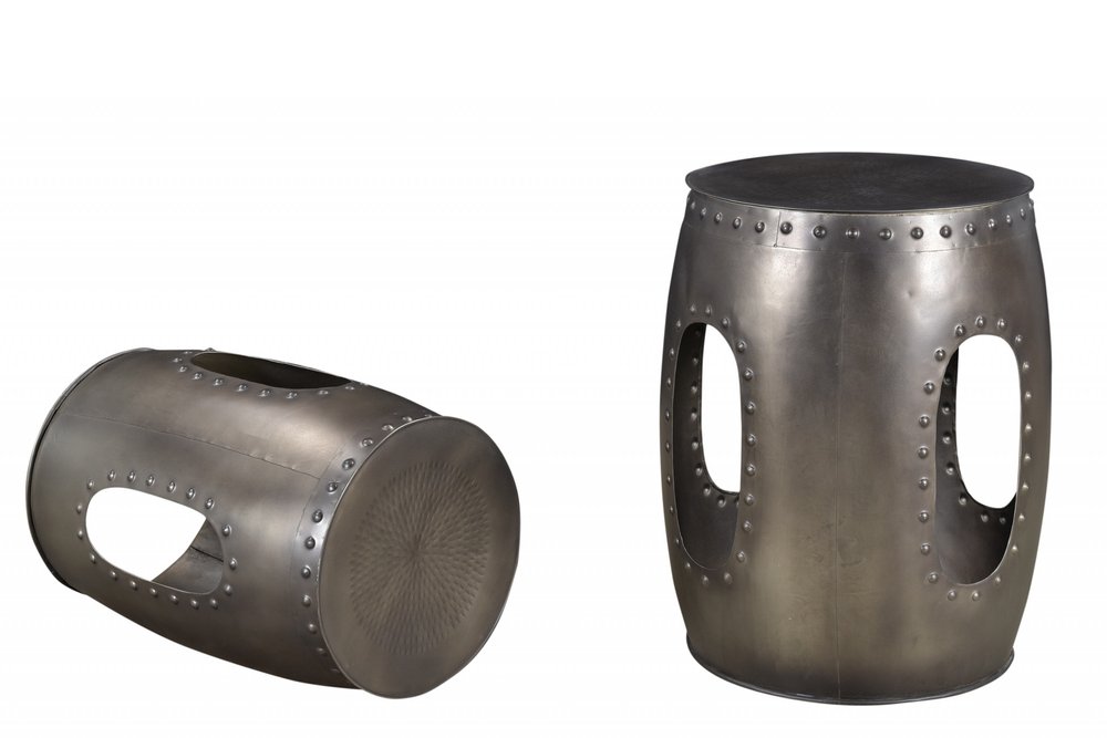 Set of Two Nickel Iron Round Drum End Tables on a white background