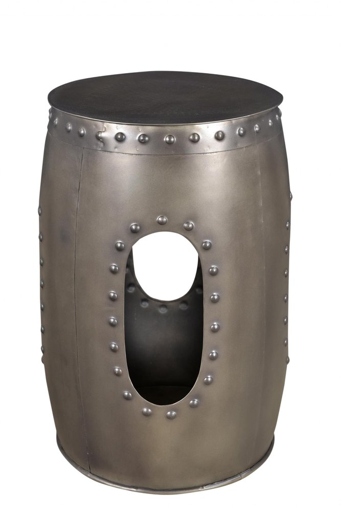 Set of Two Nickel Iron Round Drum End Tables on a white background