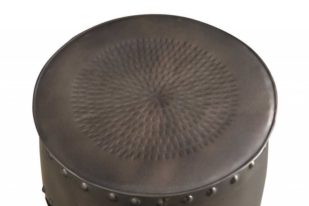 Set of Two Nickel Iron Round Drum End Tables on a white background