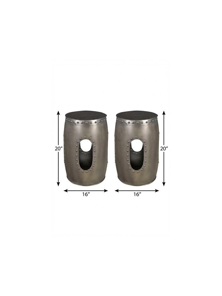 Set of Two Nickel Iron Round Drum End Tables on a white background