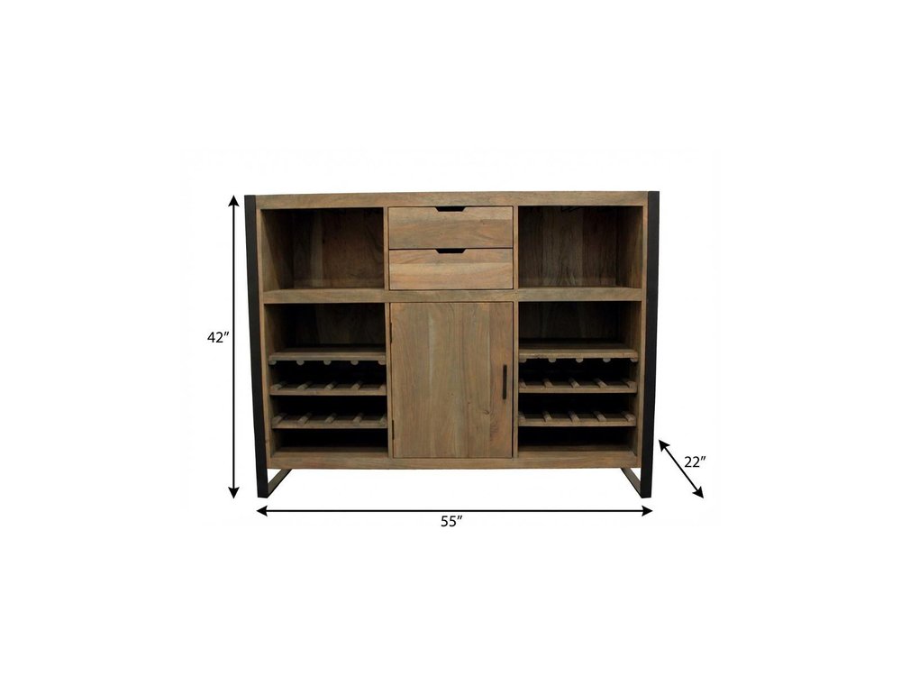 55" Gray and Black Solid Wood Sled Console Table With Storage With Storage. Bar cart isolated on a plain white background, in a black wood finish.