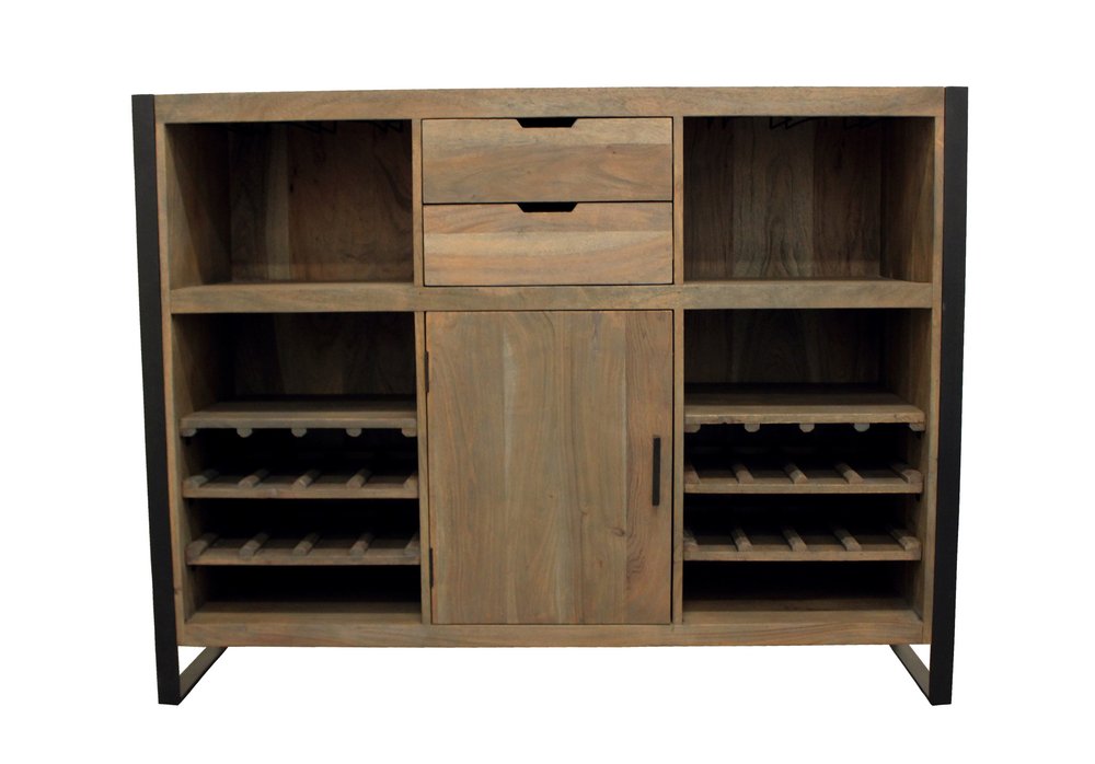 Gray and black solid wood sled console table with storage, featuring wine racks and drawers, on a white background.
