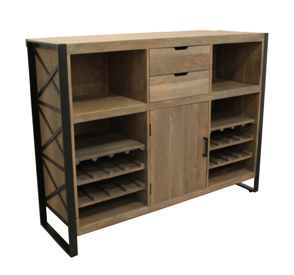 55" Gray and Black Solid Wood Sled Console Table With Storage With Storage. Bar cart isolated on a plain white background, in a black wood finish.