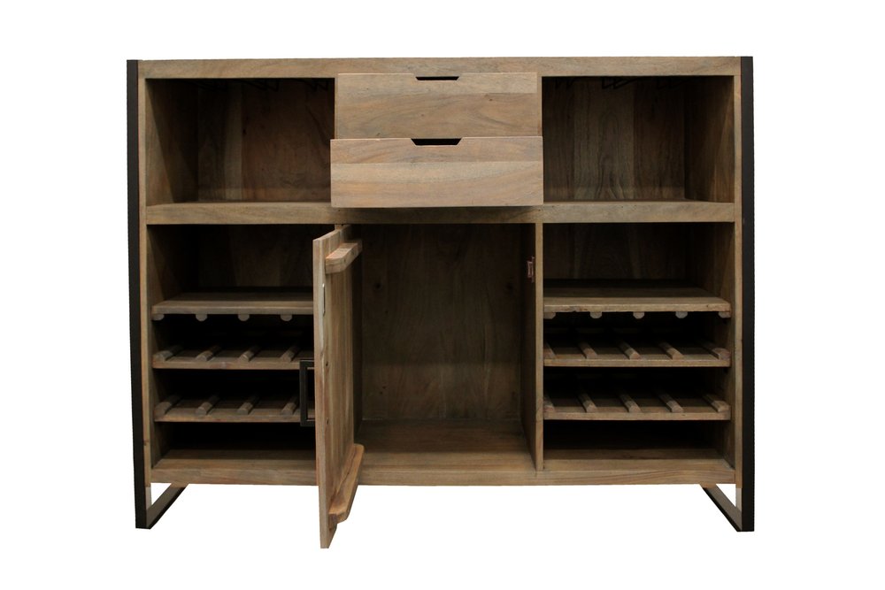 55" Gray and Black Solid Wood Sled Console Table With Storage With Storage. Bar cart isolated on a plain white background, in a black wood finish.