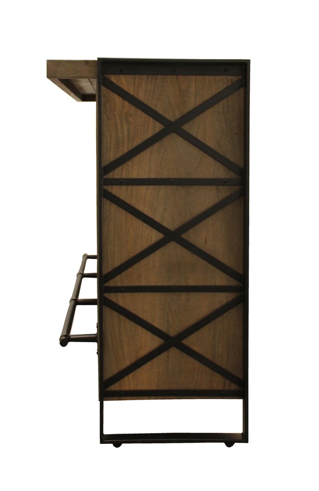 55" Gray and Black Solid Wood Sled Console Table With Storage With Storage. Bar cart isolated on a plain white background, showing a black wood surface.