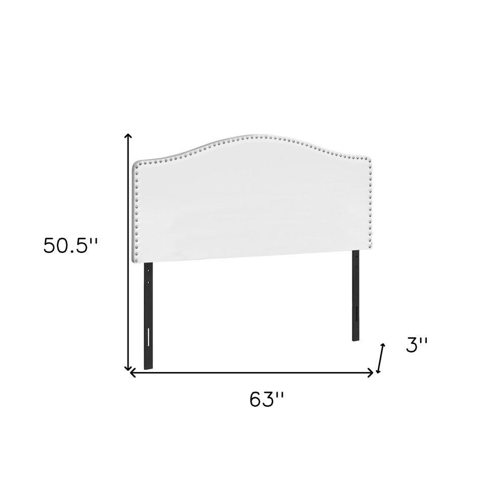 White Faux Leather Upholstered Arched Queen Headboard With Nail Head Trim on a white background