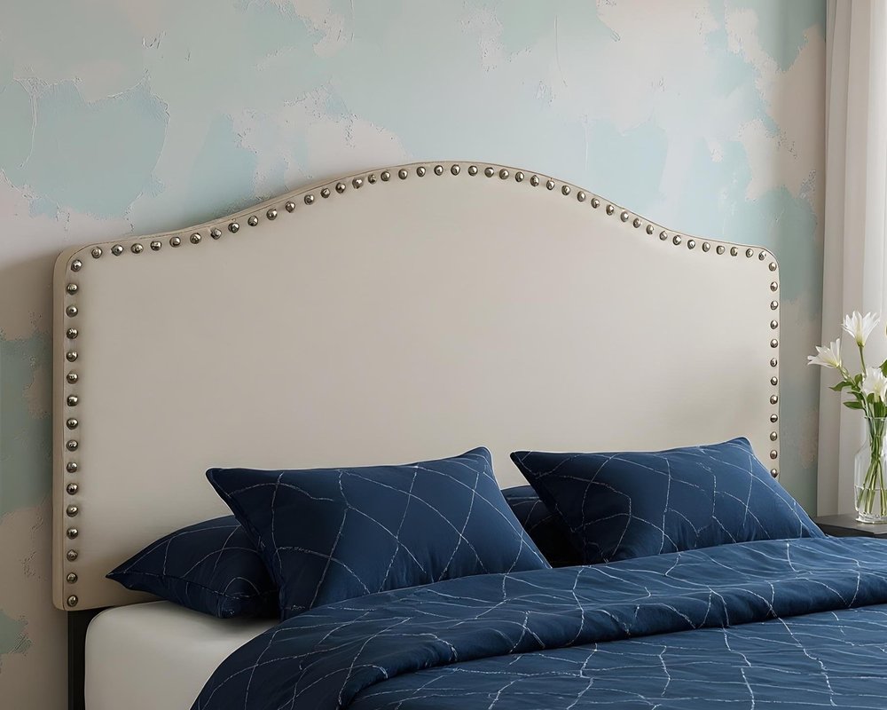 Gray Linen Blend Upholstered Arched Full Headboard With Nail Head Trim in a home interior