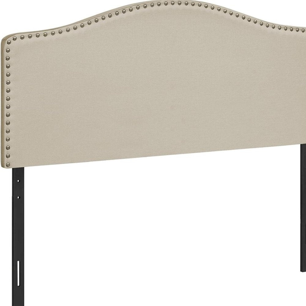 Gray Linen Blend Upholstered Arched Full Headboard With Nail Head Trim on a white background
