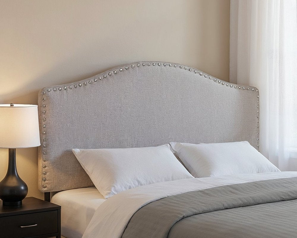 Beige Linen Blend Upholstered Arched Full Headboard With Nail Head Trim