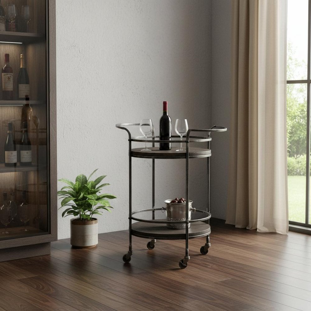 Dark Gray Iron And Solid Wood Round Rolling Bar Cart in a home interior
