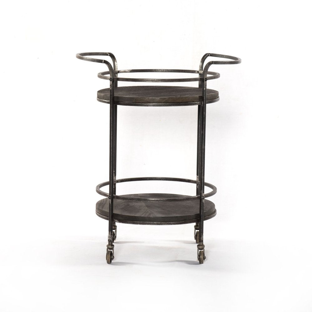 Dark gray iron and solid wood round rolling bar cart on a white background.