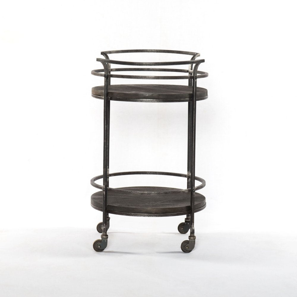 Dark Gray Iron And Solid Wood Round Rolling Bar Cart on a white background