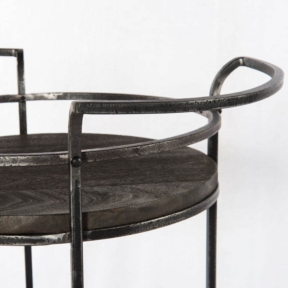 Dark Gray Iron And Solid Wood Round Rolling Bar Cart on a white background