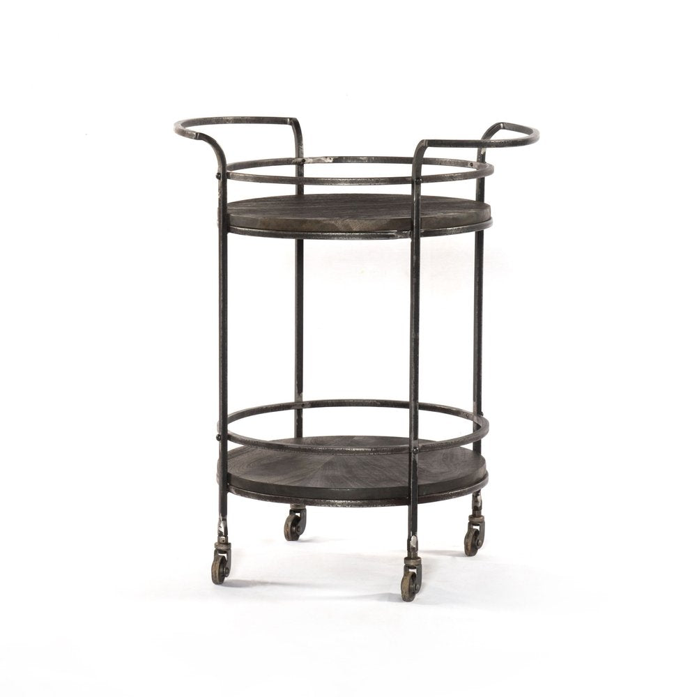 Dark Gray Iron And Solid Wood Round Rolling Bar Cart on a white background