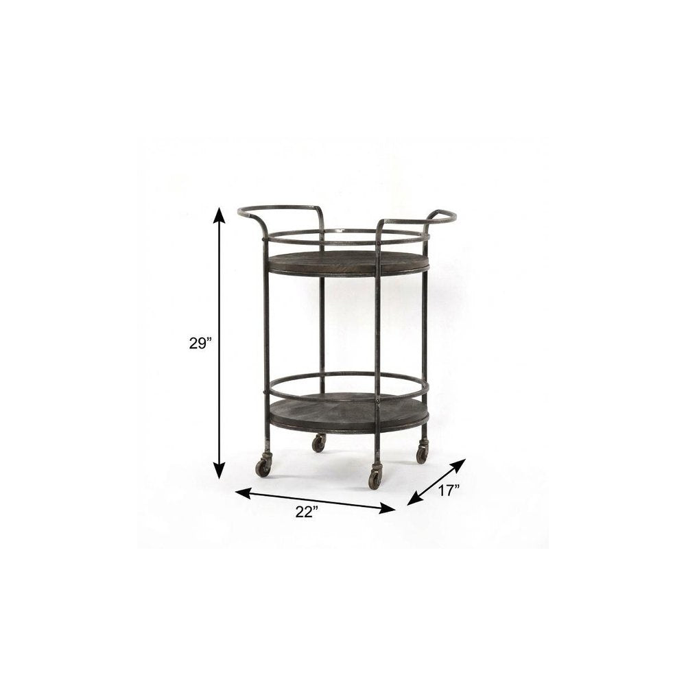 Dark Gray Iron And Solid Wood Round Rolling Bar Cart on a white background