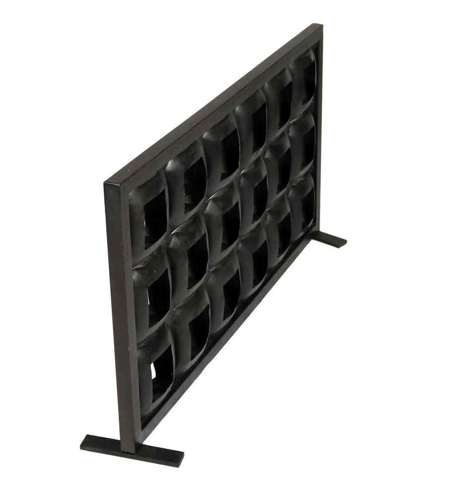 23" Black Iron Geometric Floor Tealight Candle Holder. Candle holder isolated on a plain white background, finished in black metal.