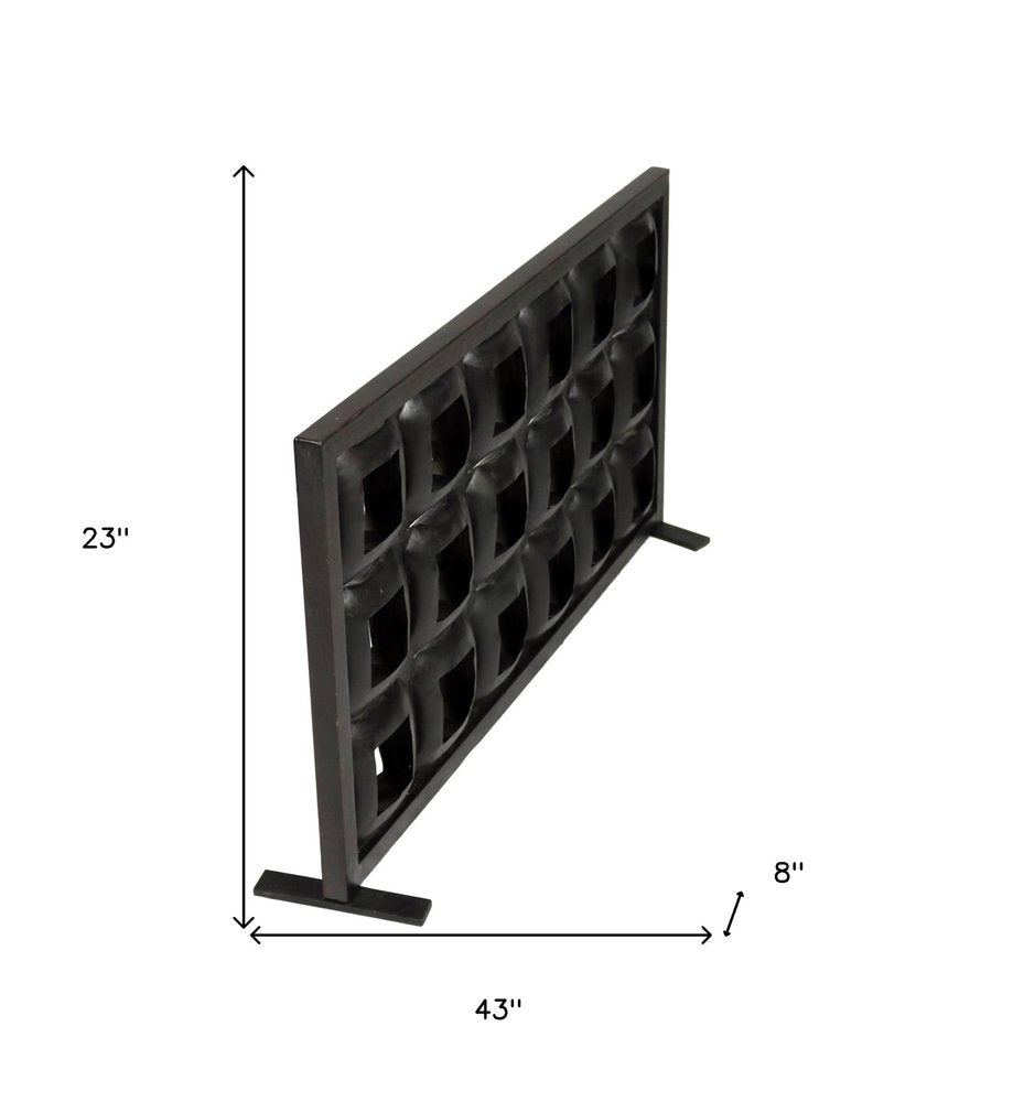 23" Black Iron Geometric Floor Tealight Candle Holder. Candle holder isolated on a plain white background, finished in black metal.