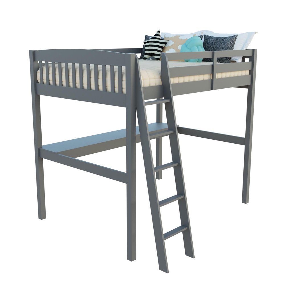 Gray Solid Wood Full Double Size Loft Bed with Desk and Storage on a white background