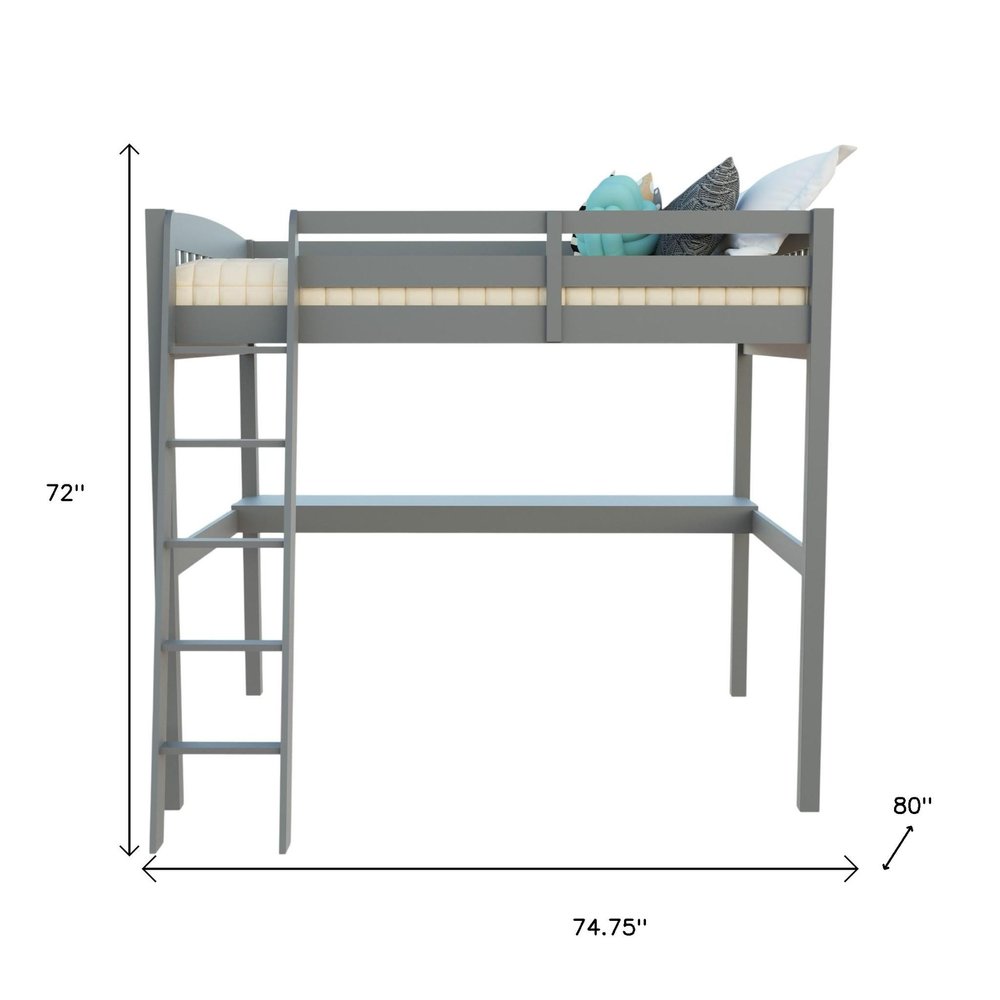 Gray Solid Wood Full Double Size Loft Bed with Desk and Storage on a white background