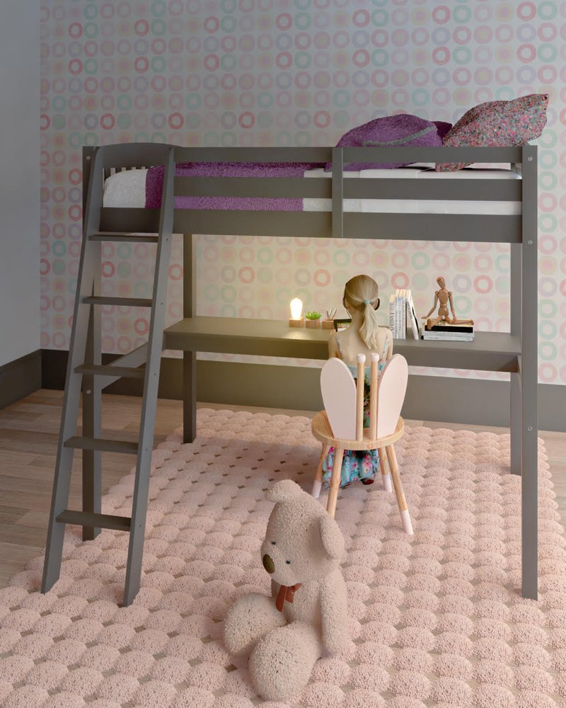 Gray Solid Wood Full Double Size Loft Bed with Desk and Storage in a home interior
