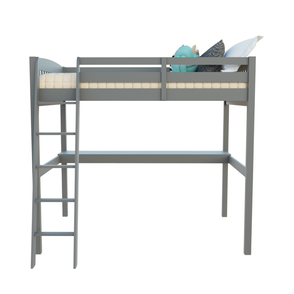 Gray Solid Wood Full Double Size Loft Bed with Desk and Storage on a white background