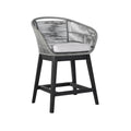 Gray woven outdoor bar stool with a light gray cushion and dark wood base on a white background.