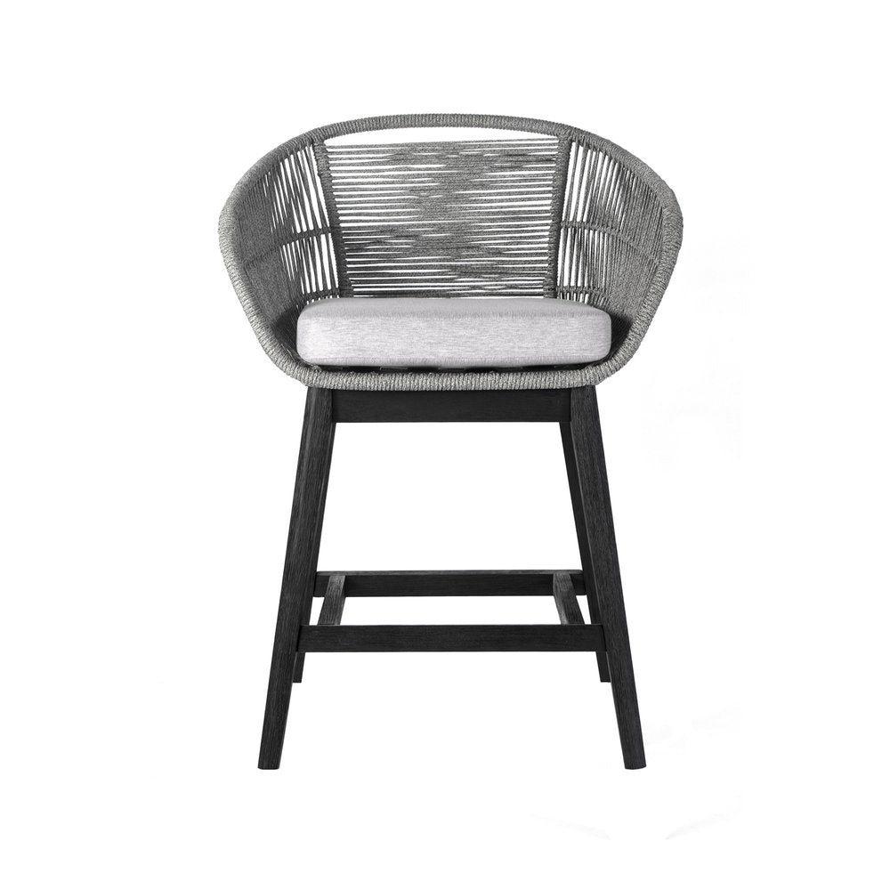 38" Light Gray Solid Wood Low back Outdoor Bar Height chair with Footrest - SKU 490214. Outdoor bar chair isolated on a plain white background, in a light gray wood finish.