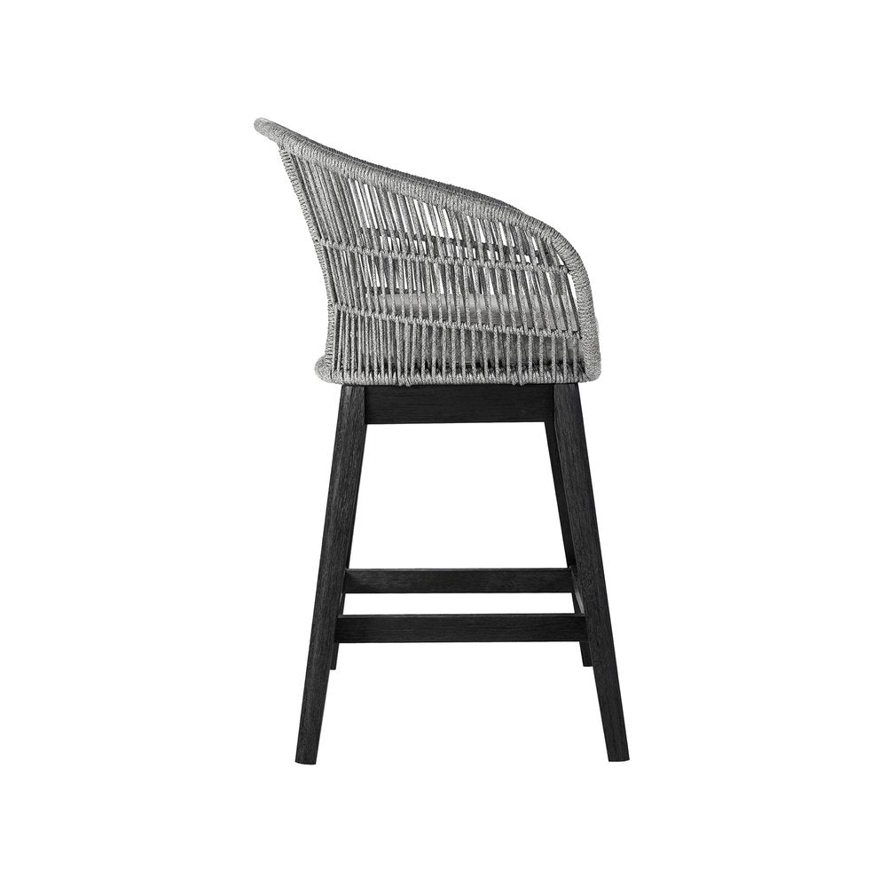 38" Light Gray Solid Wood Low back Outdoor Bar Height chair with Footrest - SKU 490214. Outdoor bar chair isolated on a plain white background, finished in light gray wood.