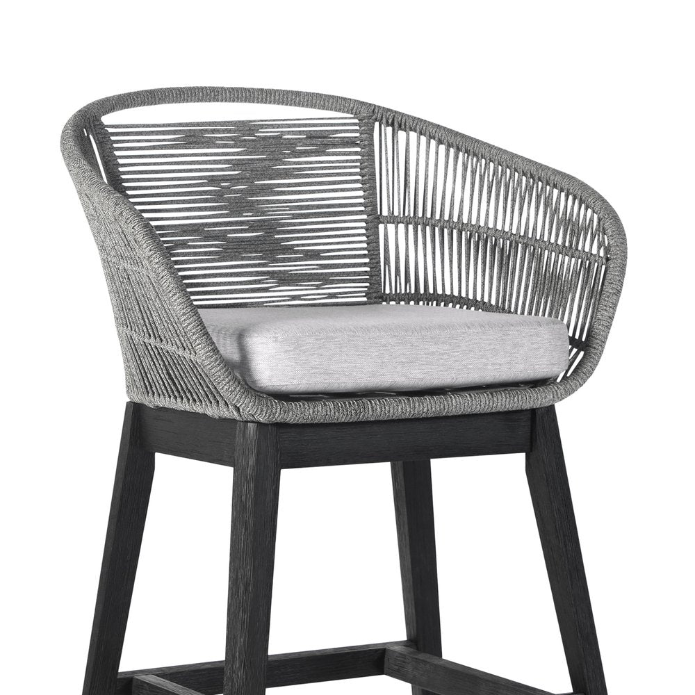 38" Light Gray Solid Wood Low back Outdoor Bar Height chair with Footrest - SKU 490214. Outdoor bar chair isolated on a plain white background, finished in light gray wood.