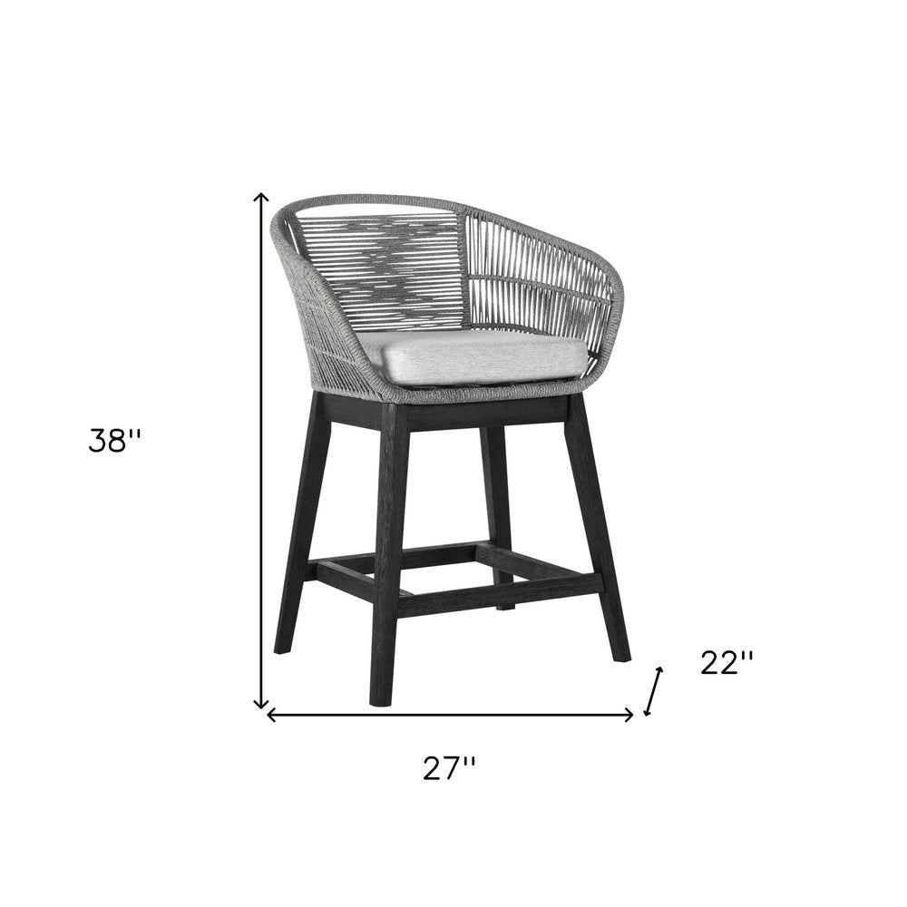38" Light Gray Solid Wood Low back Outdoor Bar Height chair with Footrest - SKU 490214. Outdoor bar chair isolated on a plain white background, showing a light gray wood surface.