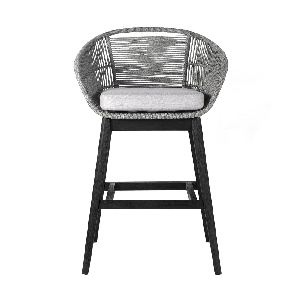 43" Light Gray Solid Wood Low back Outdoor Bar Height chair with Footrest. Outdoor bar chair isolated on a plain white background, showing a light gray wood surface.