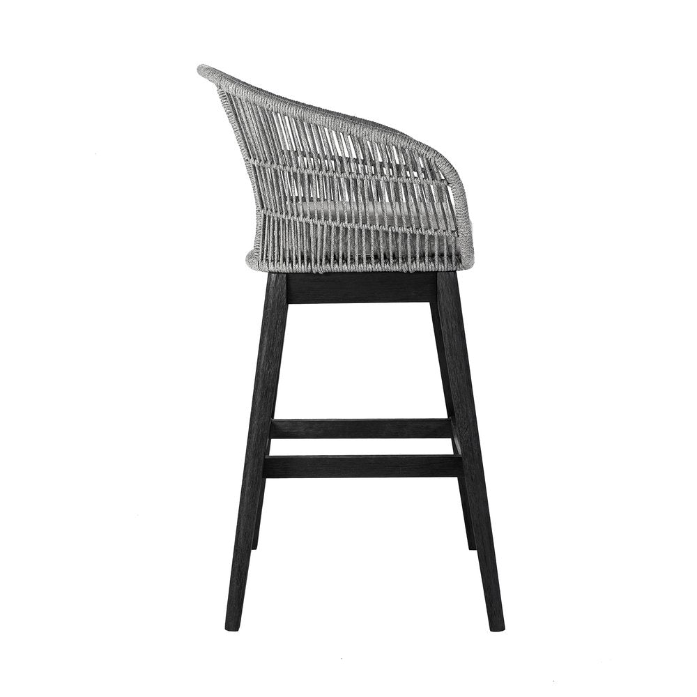 43" Light Gray Solid Wood Low back Outdoor Bar Height chair with Footrest. Outdoor bar chair isolated on a plain white background, in a light gray wood finish.