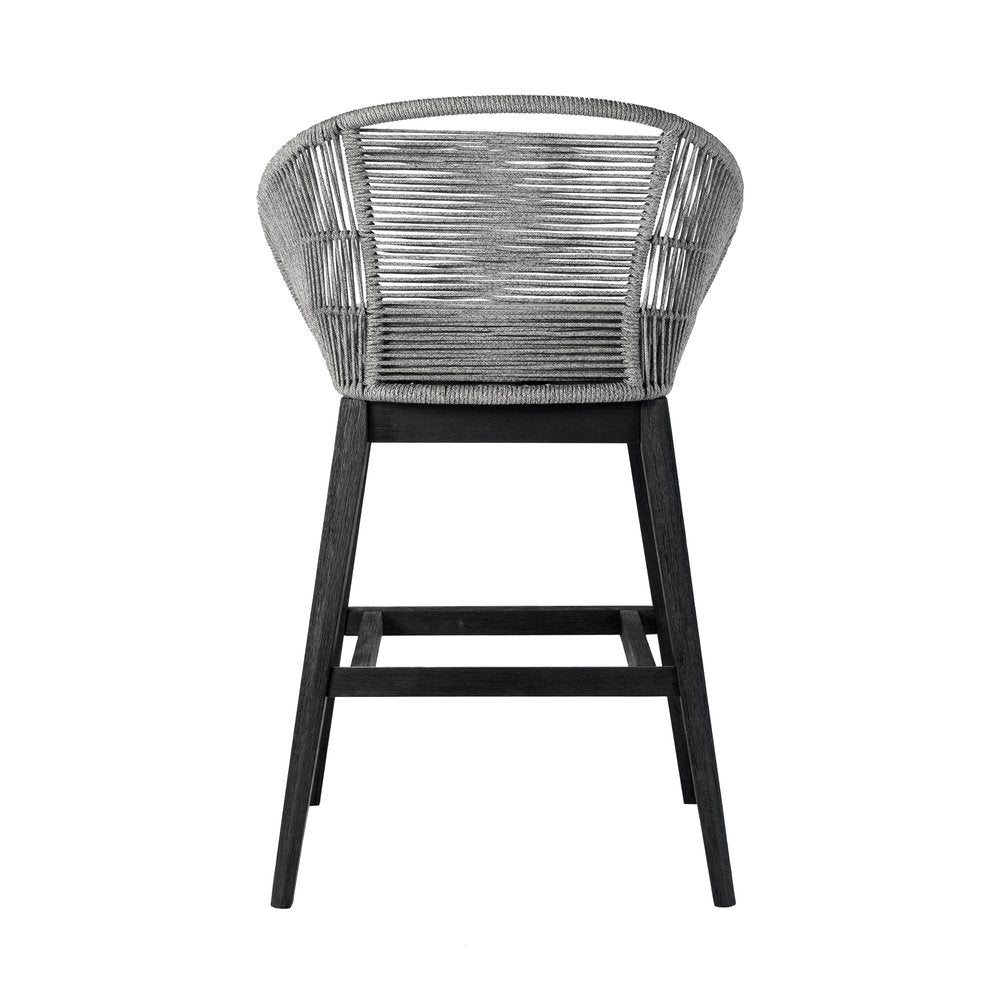 43" Light Gray Solid Wood Low back Outdoor Bar Height chair with Footrest. Outdoor bar chair isolated on a plain white background, finished in light gray wood.