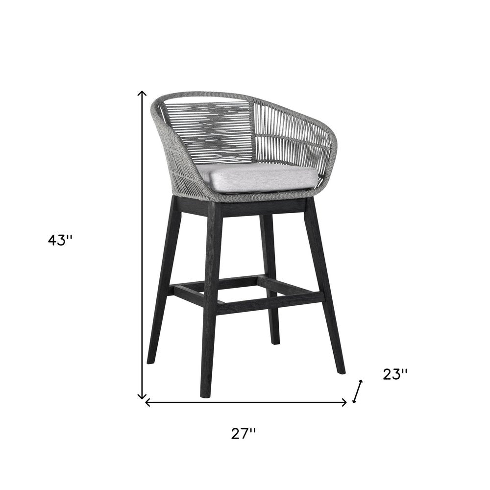 43" Light Gray Solid Wood Low back Outdoor Bar Height chair with Footrest. Outdoor bar chair isolated on a plain white background, finished in light gray wood.
