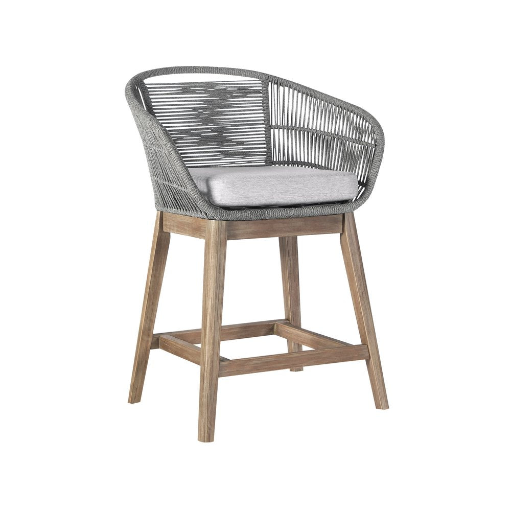 38" Light Gray Solid Wood Low back Outdoor Bar Height chair with Footrest. Outdoor bar chair isolated on a plain white background, showing a light gray wood surface.