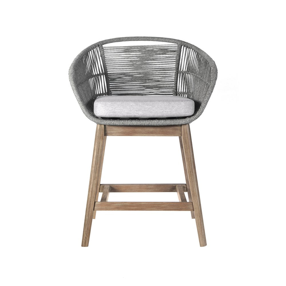 38" Light Gray Solid Wood Low back Outdoor Bar Height chair with Footrest. Outdoor bar chair isolated on a plain white background, in a light gray wood finish.