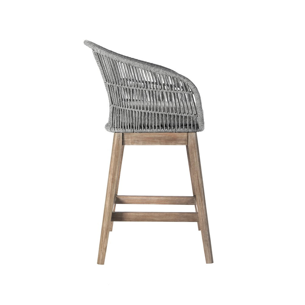 38" Light Gray Solid Wood Low back Outdoor Bar Height chair with Footrest. Outdoor bar chair isolated on a plain white background, finished in light gray wood.