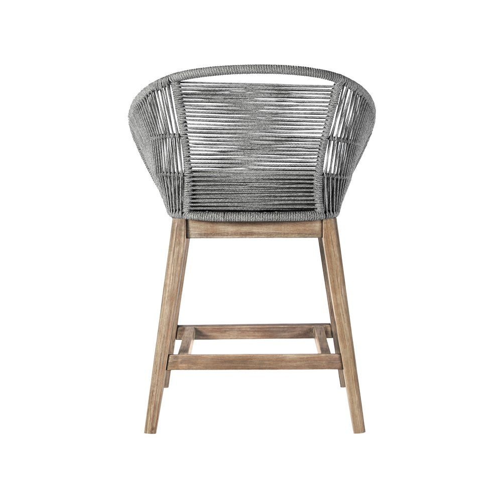 38" Light Gray Solid Wood Low back Outdoor Bar Height chair with Footrest. Outdoor bar chair isolated on a plain white background, in a light gray wood finish.