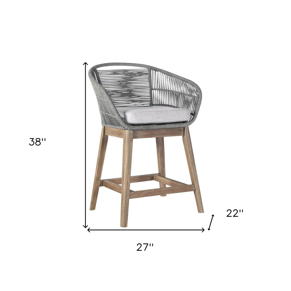38" Light Gray Solid Wood Low back Outdoor Bar Height chair with Footrest. Outdoor bar chair isolated on a plain white background, showing a light gray wood surface.