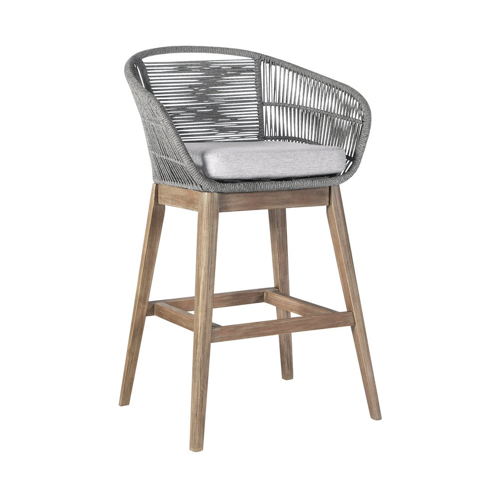43" Gray Solid Wood Low back Outdoor Bar Height chair with Footrest. Outdoor bar chair isolated on a plain white background, finished in gray wood.