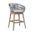 43" Gray Solid Wood Low back Outdoor Bar Height chair with Footrest. Outdoor bar chair isolated on a plain white background, finished in gray wood.
