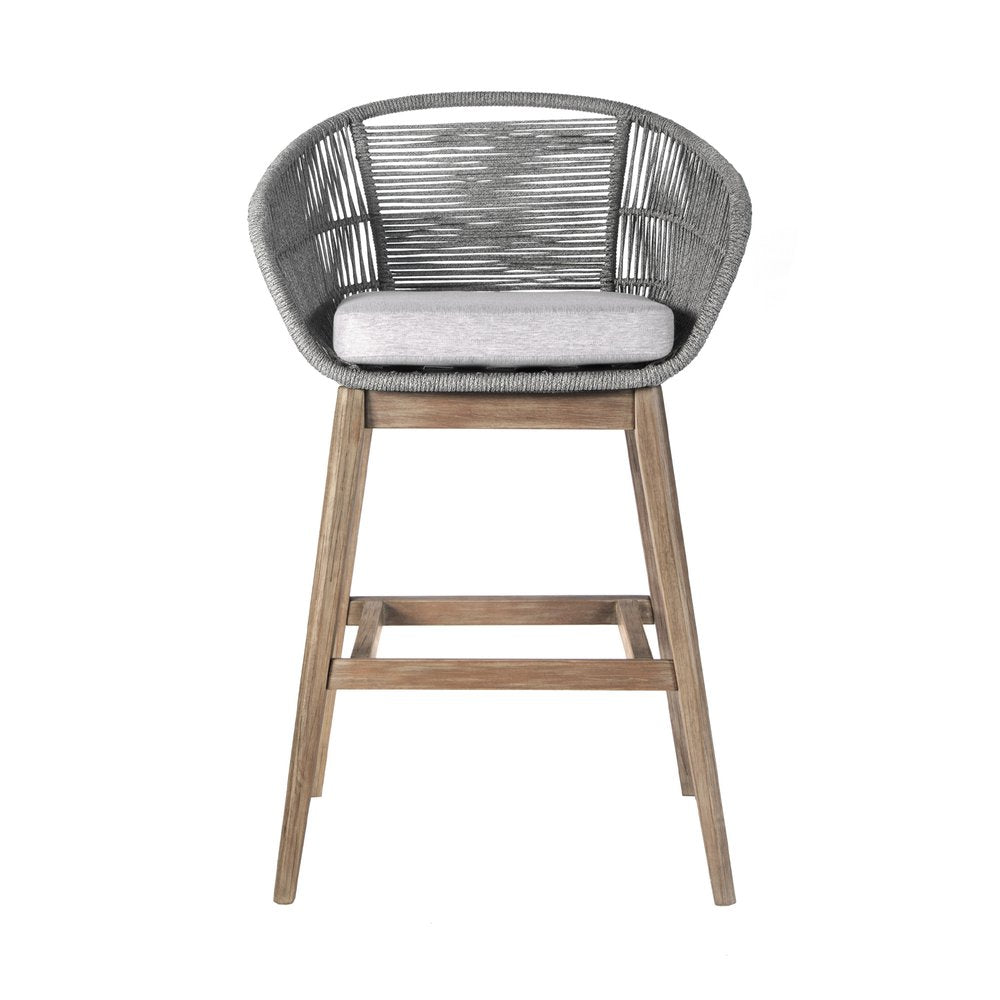 43" Gray Solid Wood Low back Outdoor Bar Height chair with Footrest. Outdoor bar chair isolated on a plain white background, showing a gray wood surface.