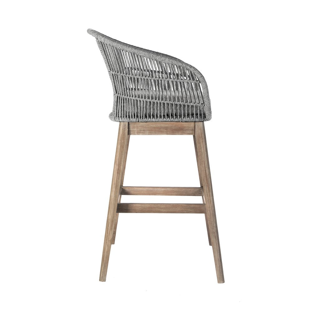 43" Gray Solid Wood Low back Outdoor Bar Height chair with Footrest. Outdoor bar chair isolated on a plain white background, finished in gray wood.