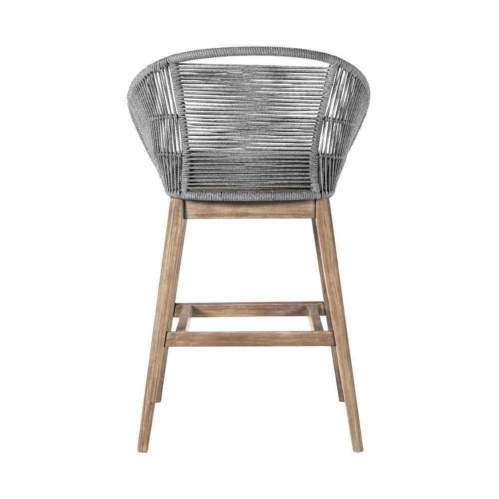 43" Gray Solid Wood Low back Outdoor Bar Height chair with Footrest. Outdoor bar chair isolated on a plain white background, showing a gray wood surface.