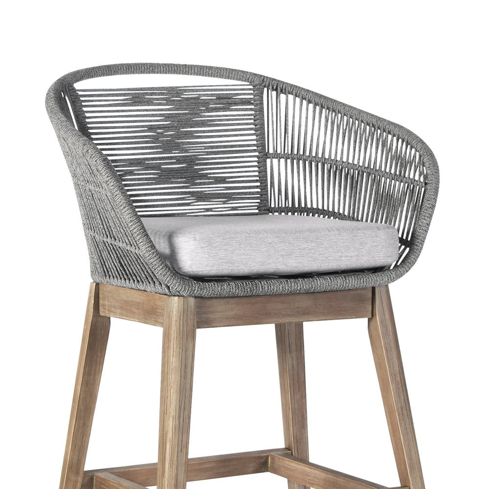43" Gray Solid Wood Low back Outdoor Bar Height chair with Footrest. Outdoor bar chair isolated on a plain white background, in a gray wood finish.